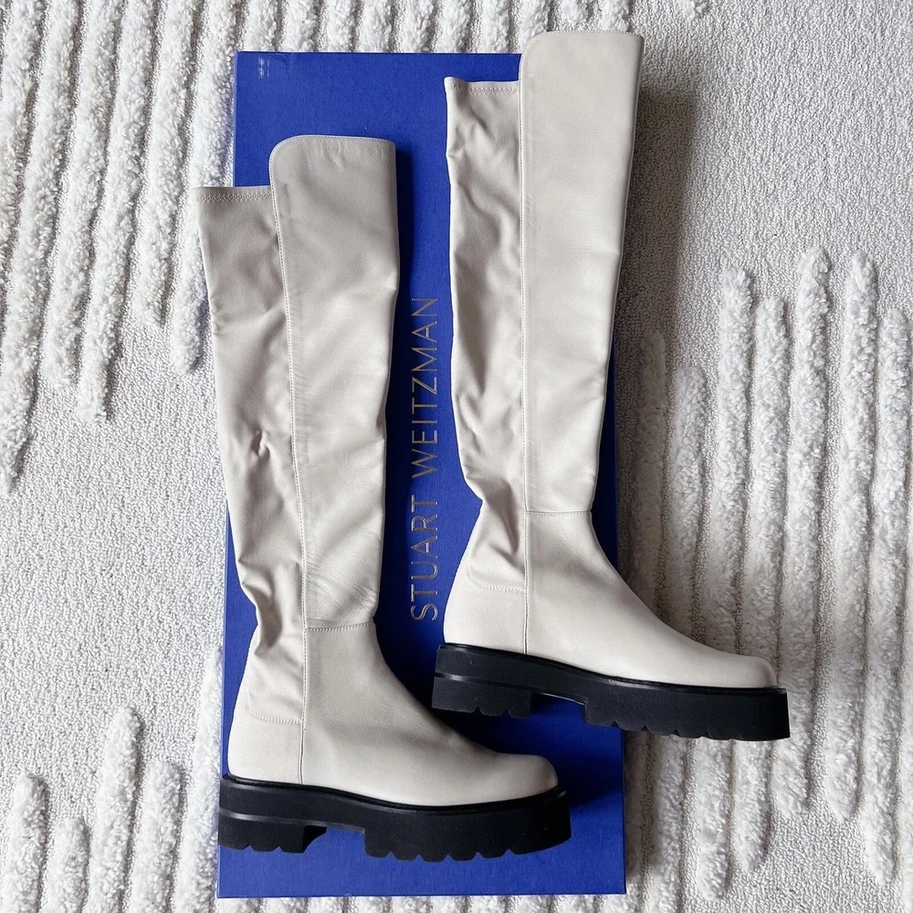 STUART Weitzman 5050 Ultralift Leather Over the Knee Platform Boots White US 6.5